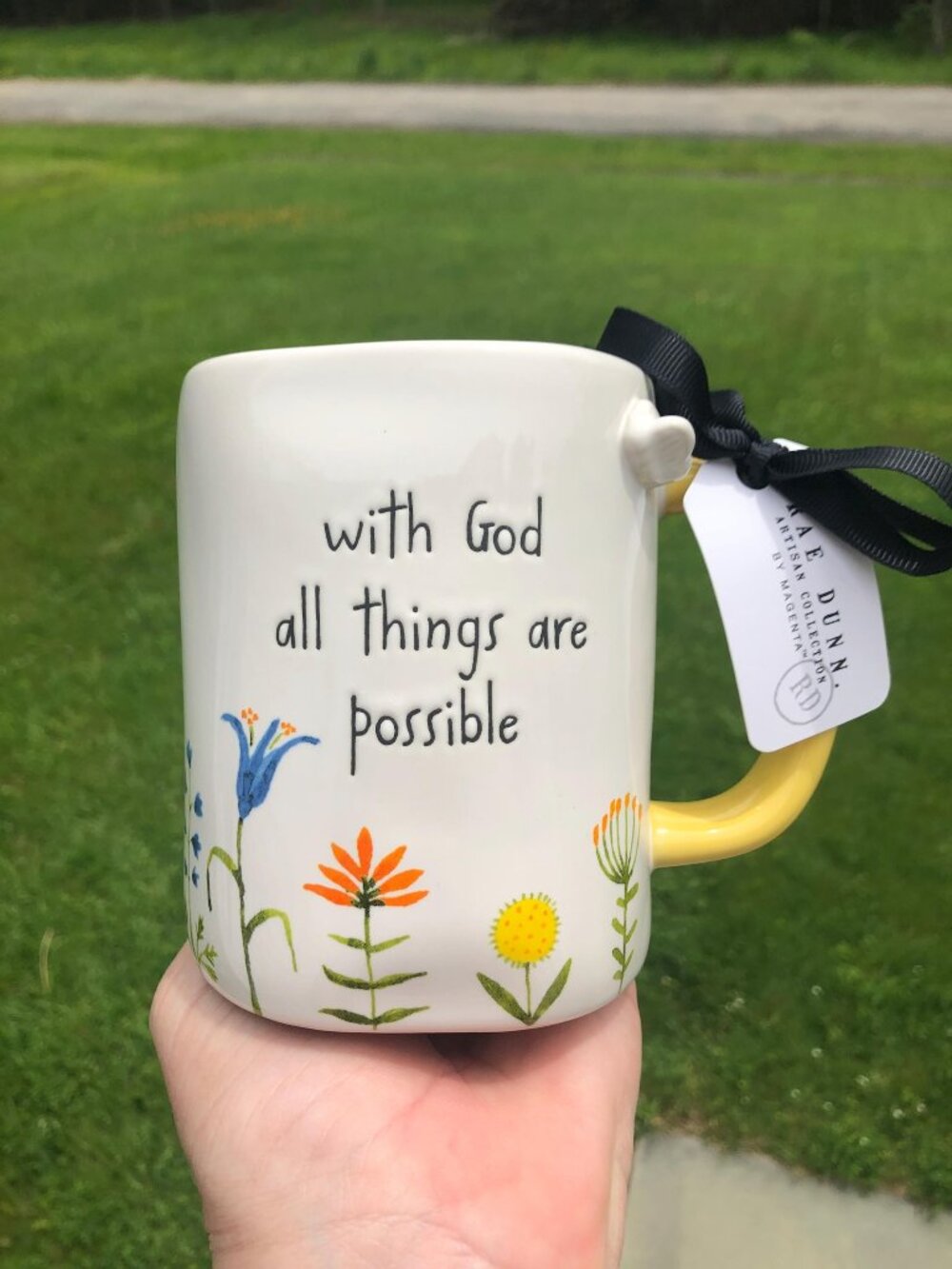 NWT Rae Dunn Religious Mug "With God All Things Are Possible" w/ Flowers